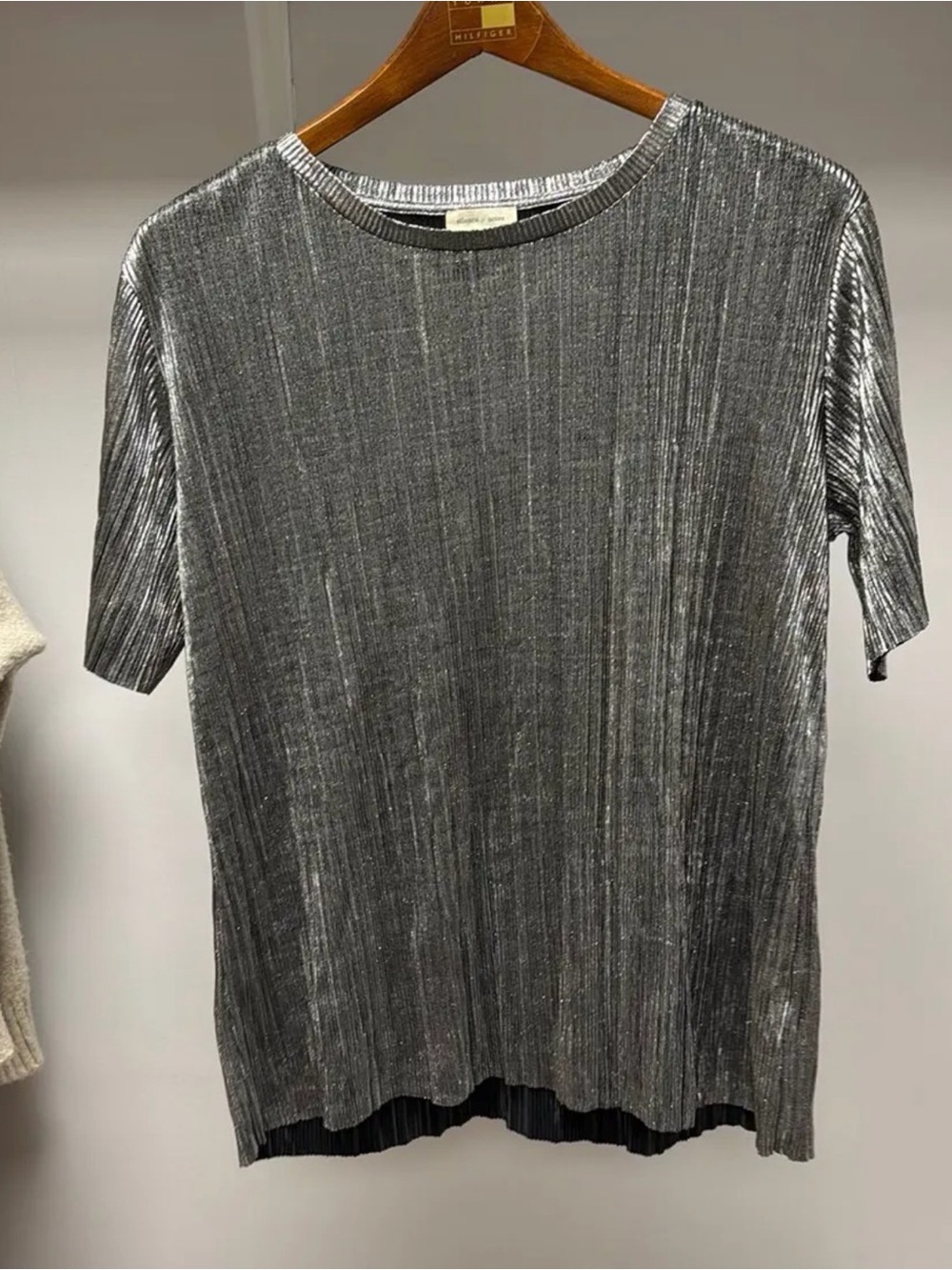 Metallic Silver Pleated Short-Sleeve Top